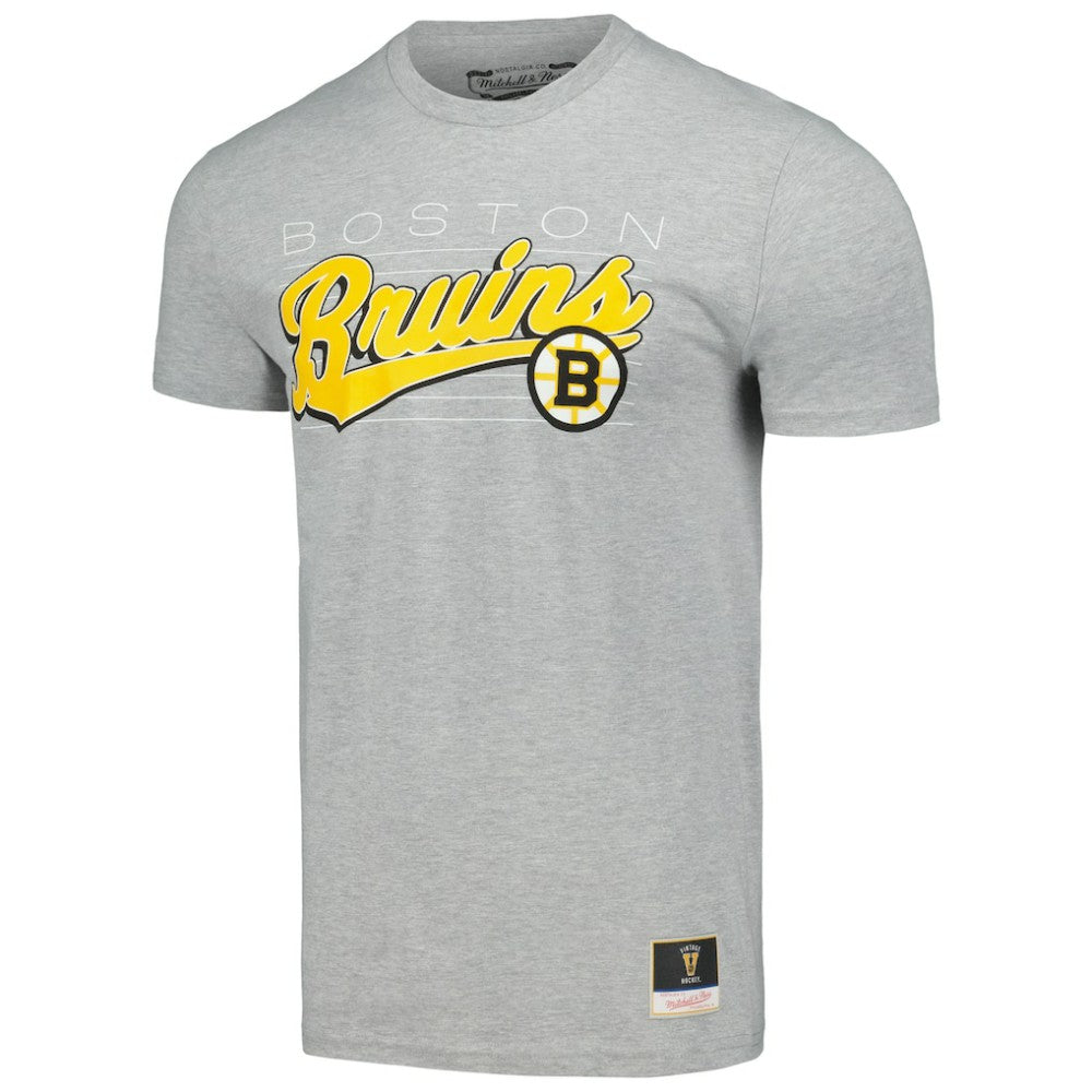 Boston Bruins Mitchell & Ness 100th Anniversary Script Sweep T-Shirt - Heather Gray - NHL