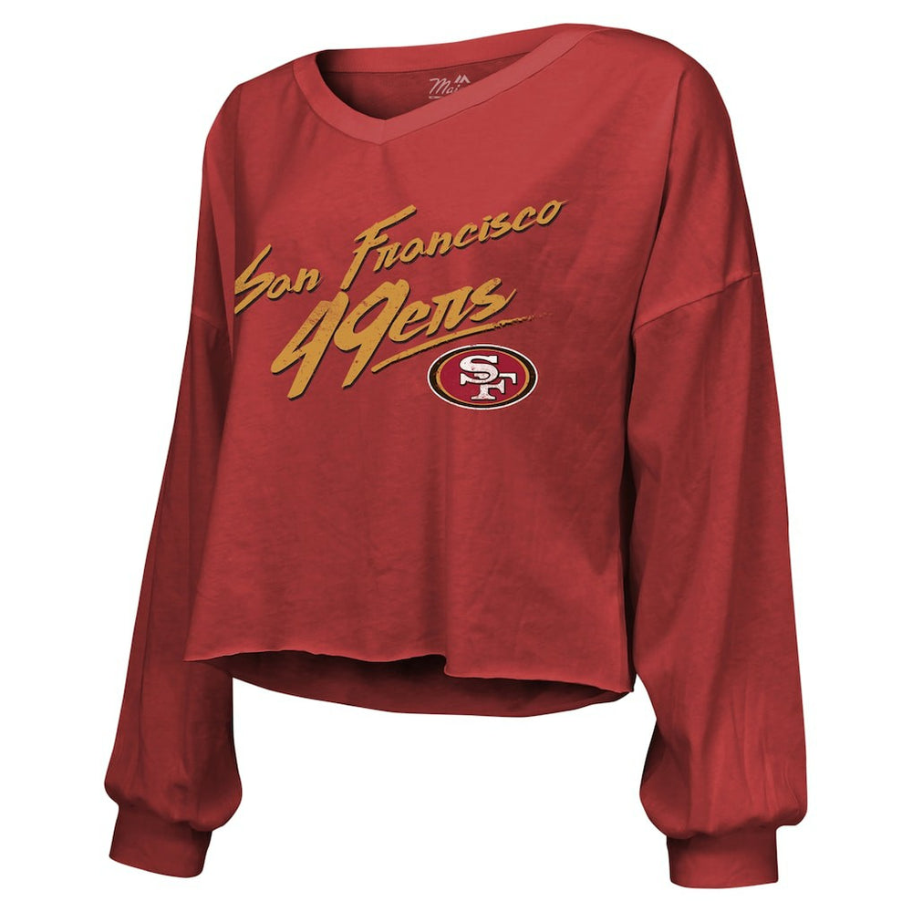Brock Purdy San Francisco 49ers Majestic Threads Women's Name & Number Off-Shoulder Script Cropped Long Sleeve Relaxed V-Neck T-Shirt Scarlet | NFL