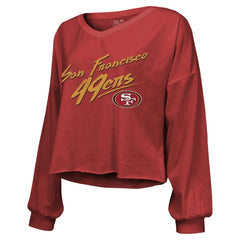 Brock Purdy San Francisco 49ers Majestic Threads Women's Name & Number Off-Shoulder Script Cropped Long Sleeve Relaxed V-Neck T-Shirt Scarlet | NFL