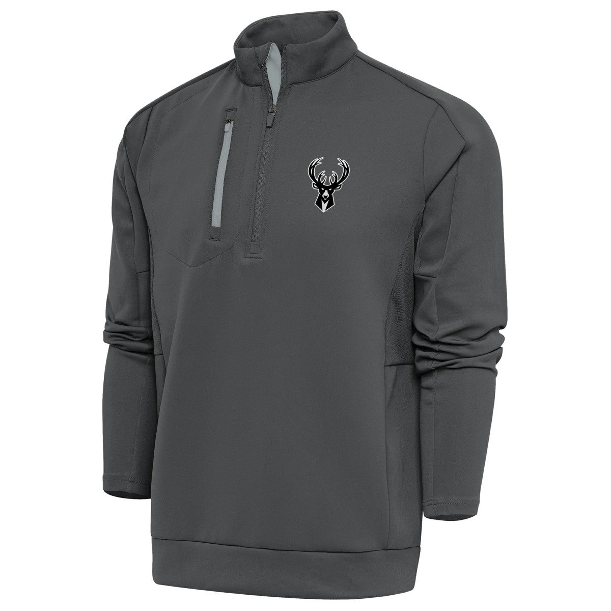 Milwaukee Bucks Antigua Metallic Logo Generation Quarter-Zip Top Pewter - NBA