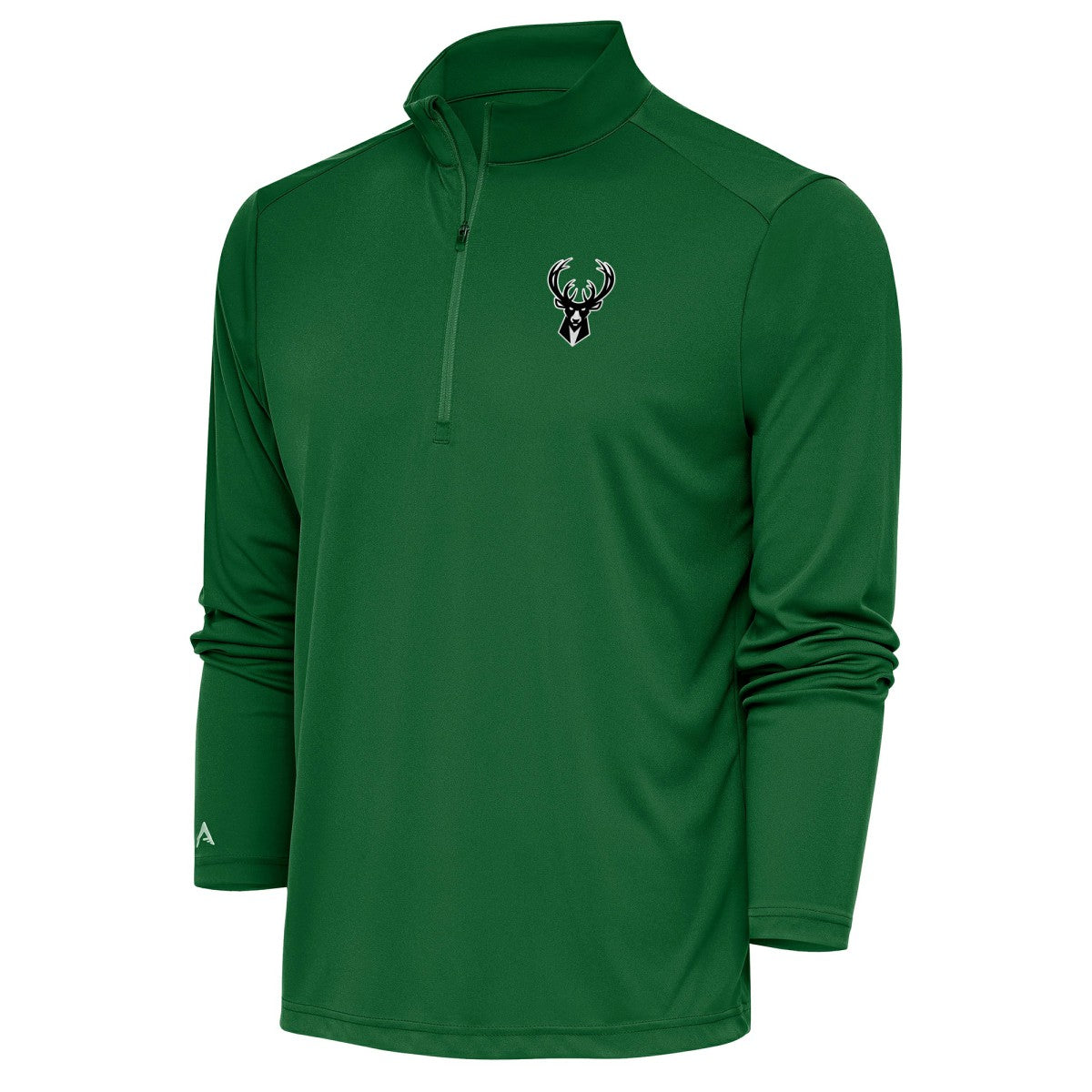 Milwaukee Bucks Antigua Metallic Logo Tribute Quarter-Zip Top Hunter Green - NBA