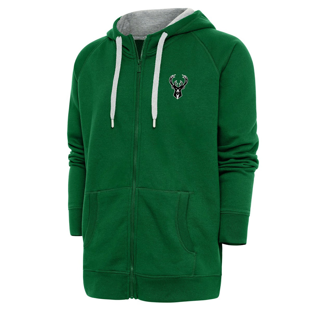 Milwaukee Bucks Antigua Metallic Logo Victory Raglan Full-Zip Hoodie Hunter Green - NBA