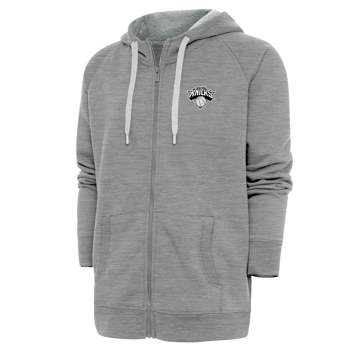 New York Knicks Antigua Metallic Logo Victory Raglan Full-Zip Hoodie Heather Gray - NBA