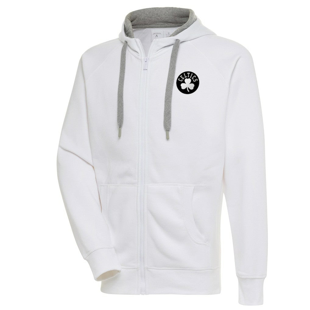 Boston Celtics Antigua Metallic Logo Victory Raglan Full-Zip Hoodie White - NBA