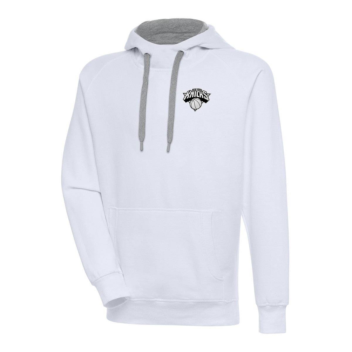 New York Knicks Antigua Metallic Logo Victory Raglan Pullover Hoodie White - NBA