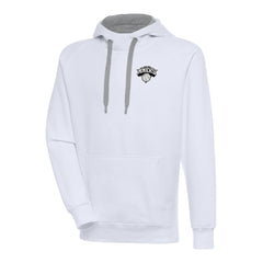 New York Knicks Antigua Metallic Logo Victory Raglan Pullover Hoodie White - NBA
