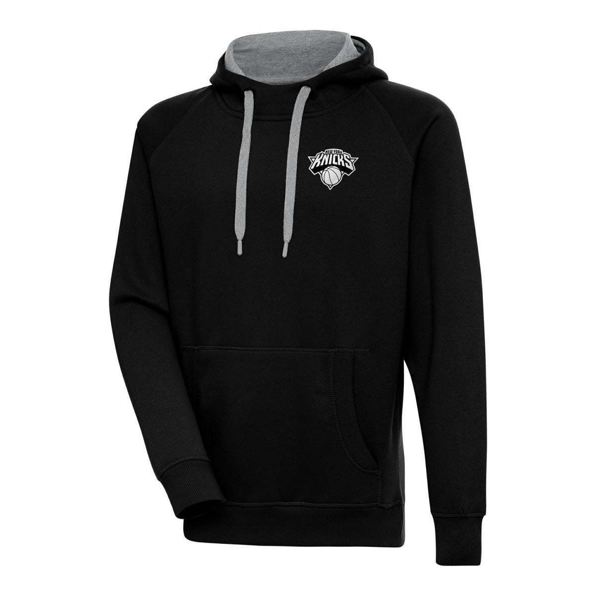 New York Knicks Antigua Metallic Logo Victory Raglan Pullover Hoodie Black - NBA