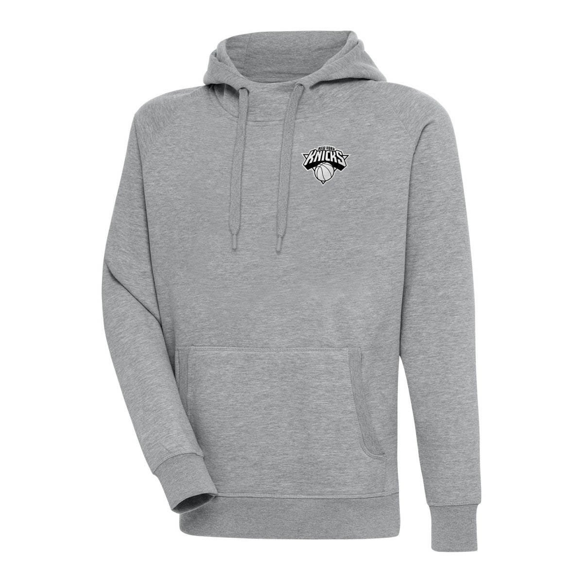 New York Knicks Antigua Metallic Logo Victory Raglan Pullover Hoodie Heather Gray - NBA