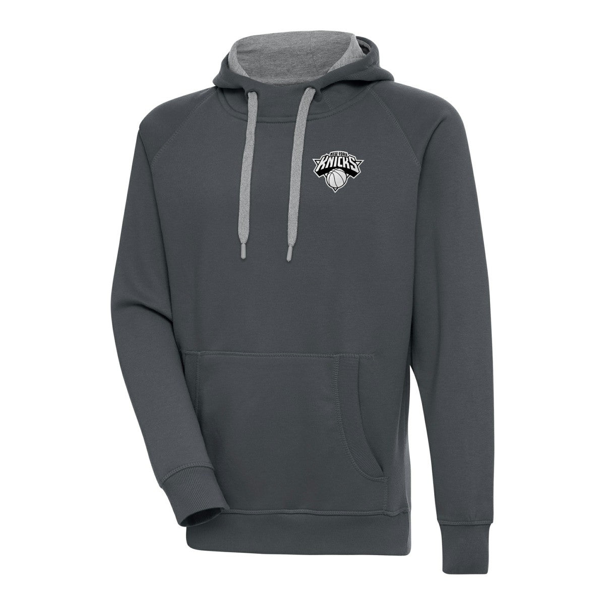 New York Knicks Antigua Metallic Logo Victory Raglan Pullover Hoodie Charcoal - NBA