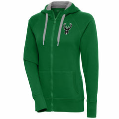 Milwaukee Bucks Antigua Women's Brushed Metallic Victory Full-Zip Hoodie - Hunter Green - NBA