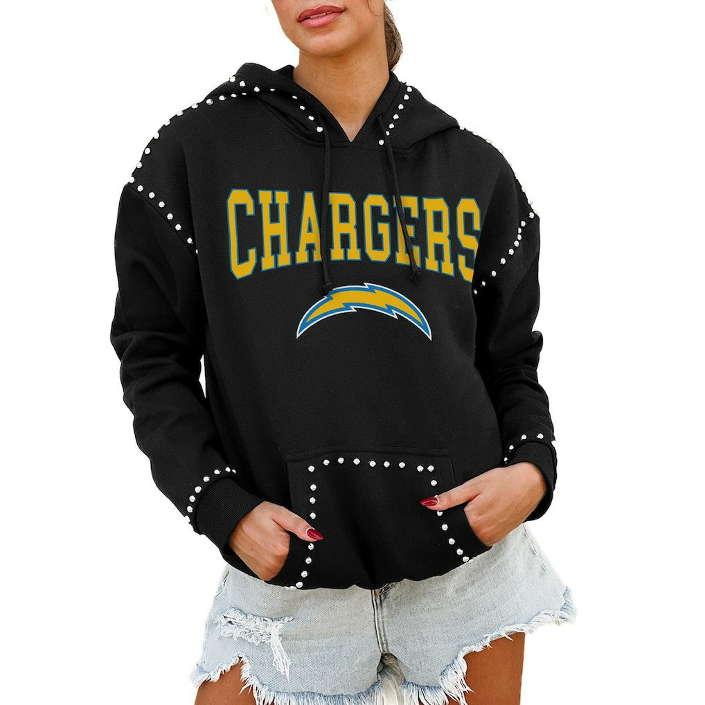Los Angeles Chargers Gameday Couture Women's Oversized Catch the Vibe Studded Pullover Hoodie Black | NFL