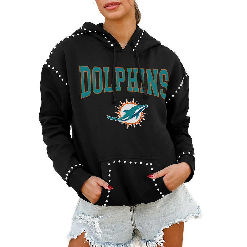 Miami Dolphins Gameday Couture Women's Oversized Catch the Vibe Studded Pullover Hoodie Black | NFL