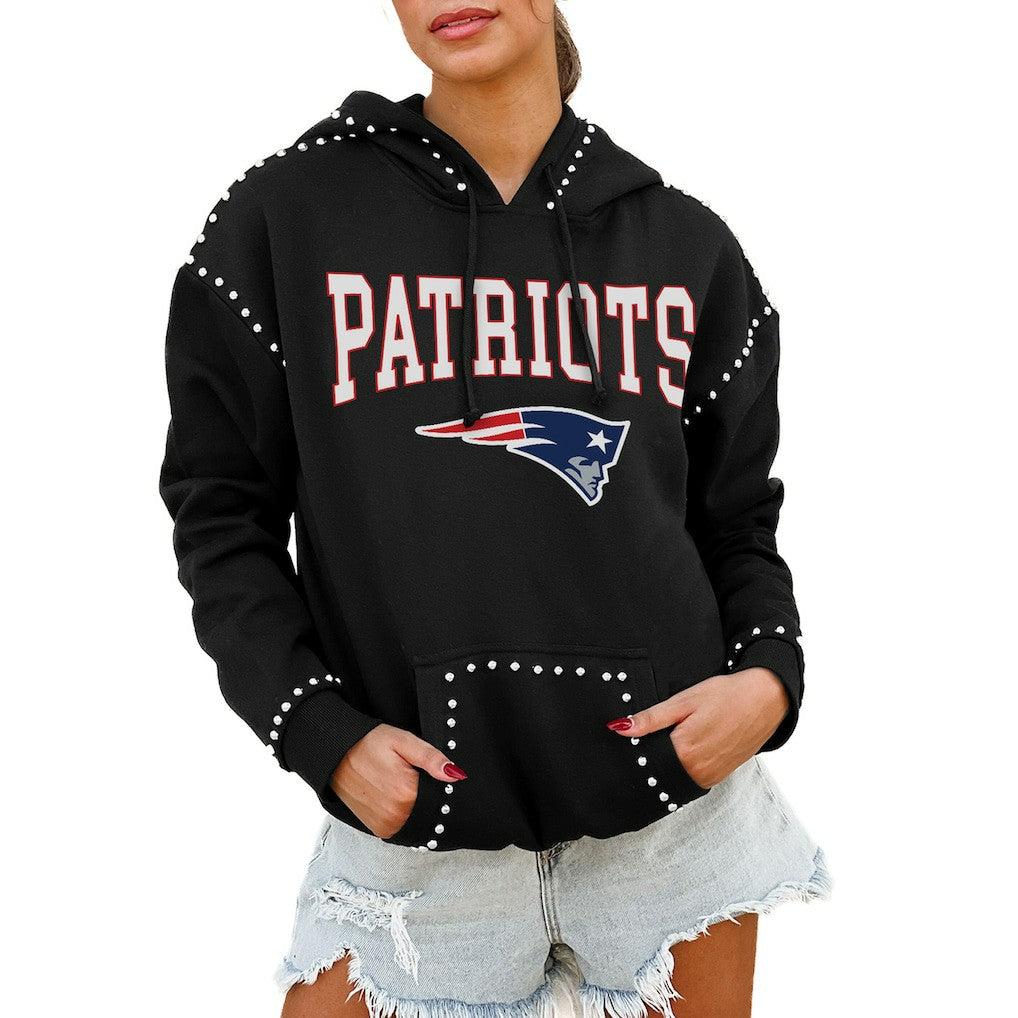 New England Patriots Gameday Couture Women's Oversized Catch the Vibe Studded Pullover Hoodie Black | NFL