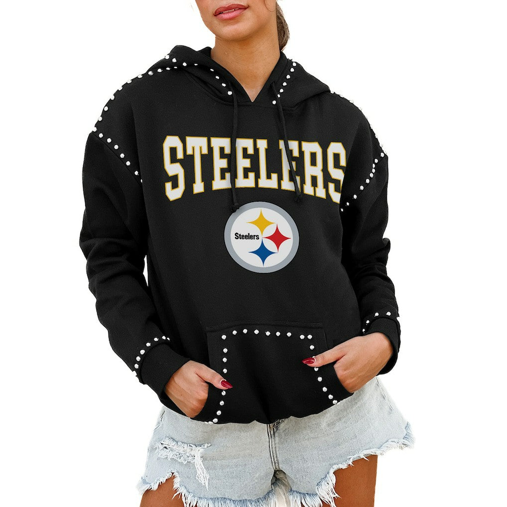 Pittsburgh Steelers Gameday Couture Women's Oversized Catch the Vibe Studded Pullover Hoodie Black | NFL