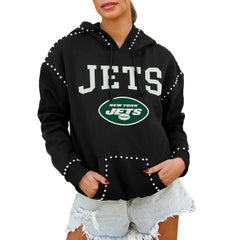 New York Jets Gameday Couture Women's Oversized Catch the Vibe Studded Pullover Hoodie Black | NFL