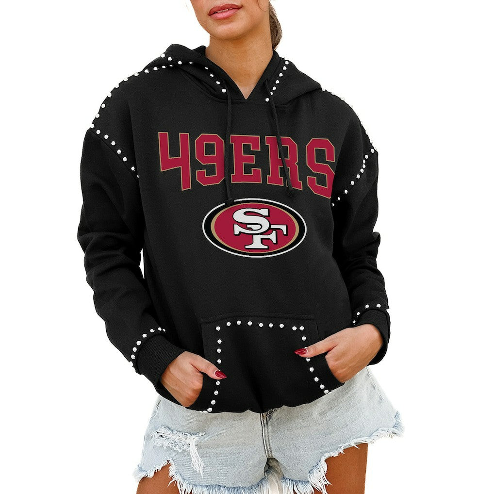 San Francisco 49ers Gameday Couture Women's Oversized Catch the Vibe Studded Pullover Hoodie Black | NFL