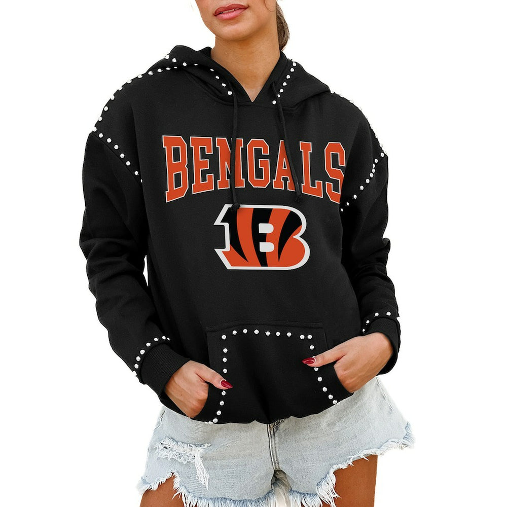 Cincinnati Bengals Gameday Couture Women's Oversized Catch the Vibe Studded Pullover Hoodie Black | NFL