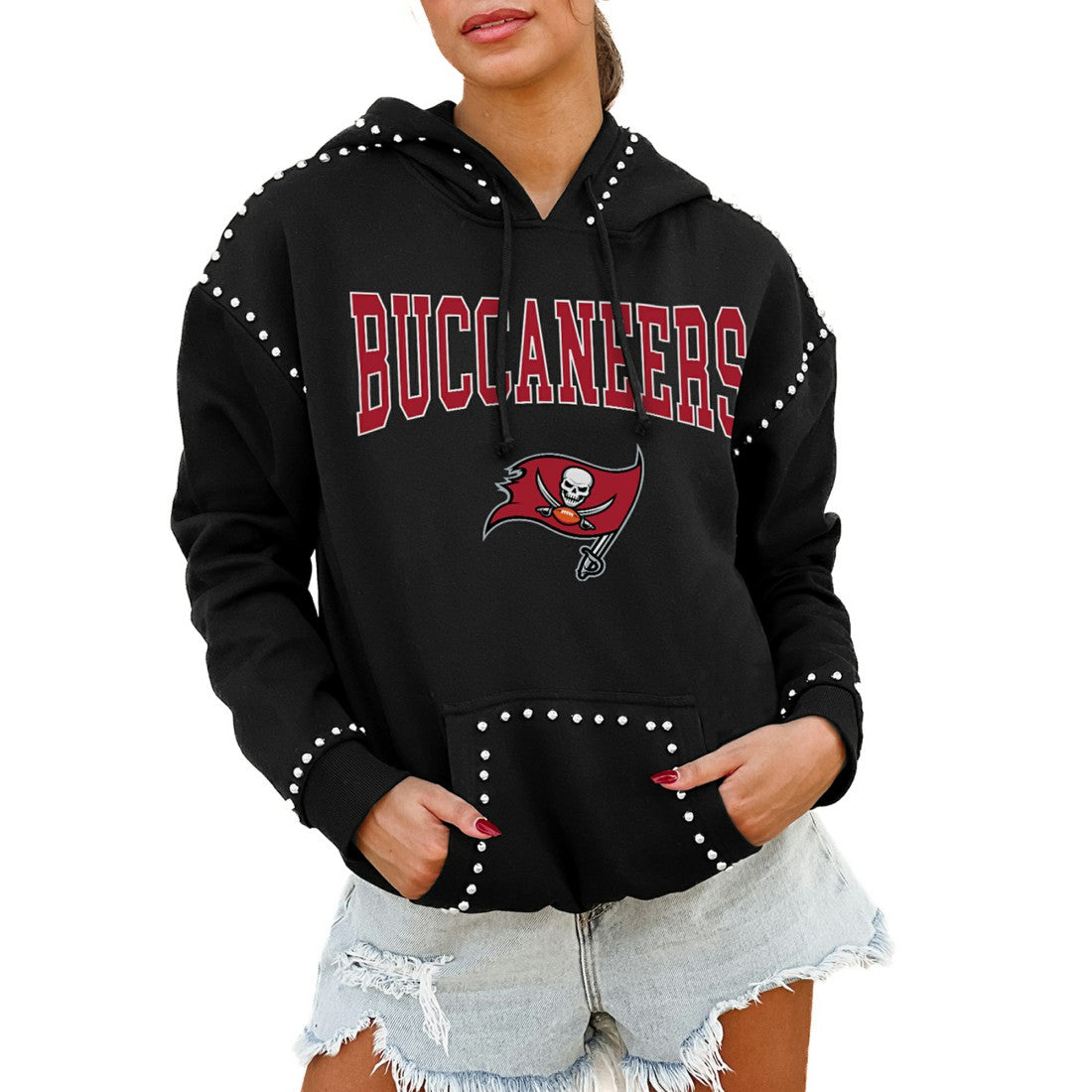 Tampa Bay Buccaneers Gameday Couture Women's Oversized Catch the Vibe Studded Pullover Hoodie Black | NFL