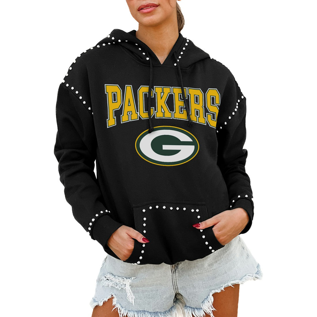 Green Bay Packers Gameday Couture Women's Oversized Catch the Vibe Studded Pullover Hoodie Black | NFL