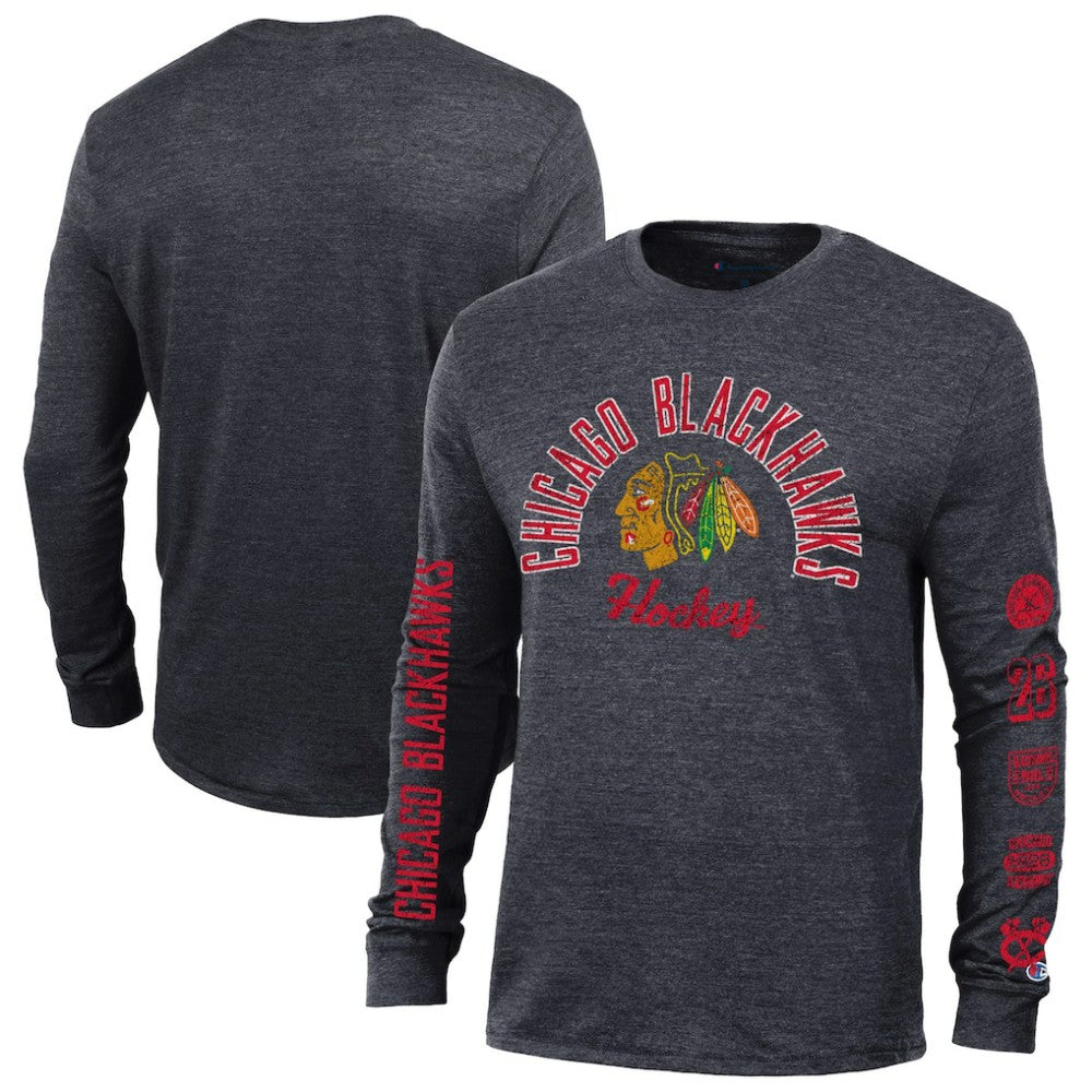 Chicago Blackhawks Champion Multi-Logo Tri-Blend Long Sleeve T-Shirt - Heather Black - NHL
