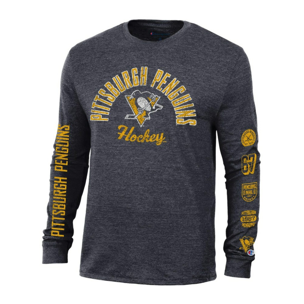 Pittsburgh Penguins Champion Multi-Logo Tri-Blend Long Sleeve T-Shirt - Heather Black - NHL
