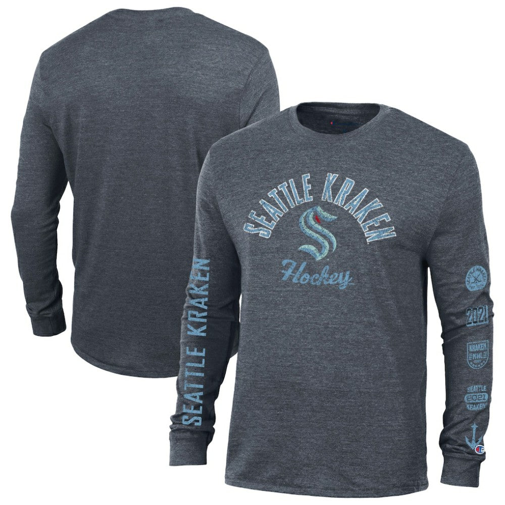 Seattle Kraken Champion Multi-Logo Tri-Blend Long Sleeve T-Shirt - Heather Navy - NHL