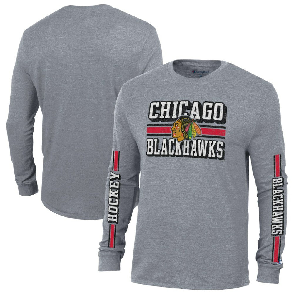 Chicago Blackhawks Champion Tri-Blend Dual-Stripe Long Sleeve T-Shirt - Heather Gray - NHL
