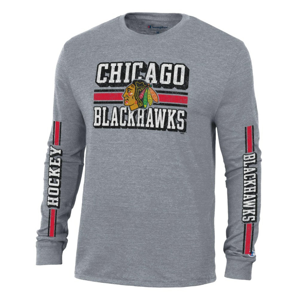 Chicago Blackhawks Champion Tri-Blend Dual-Stripe Long Sleeve T-Shirt - Heather Gray - NHL