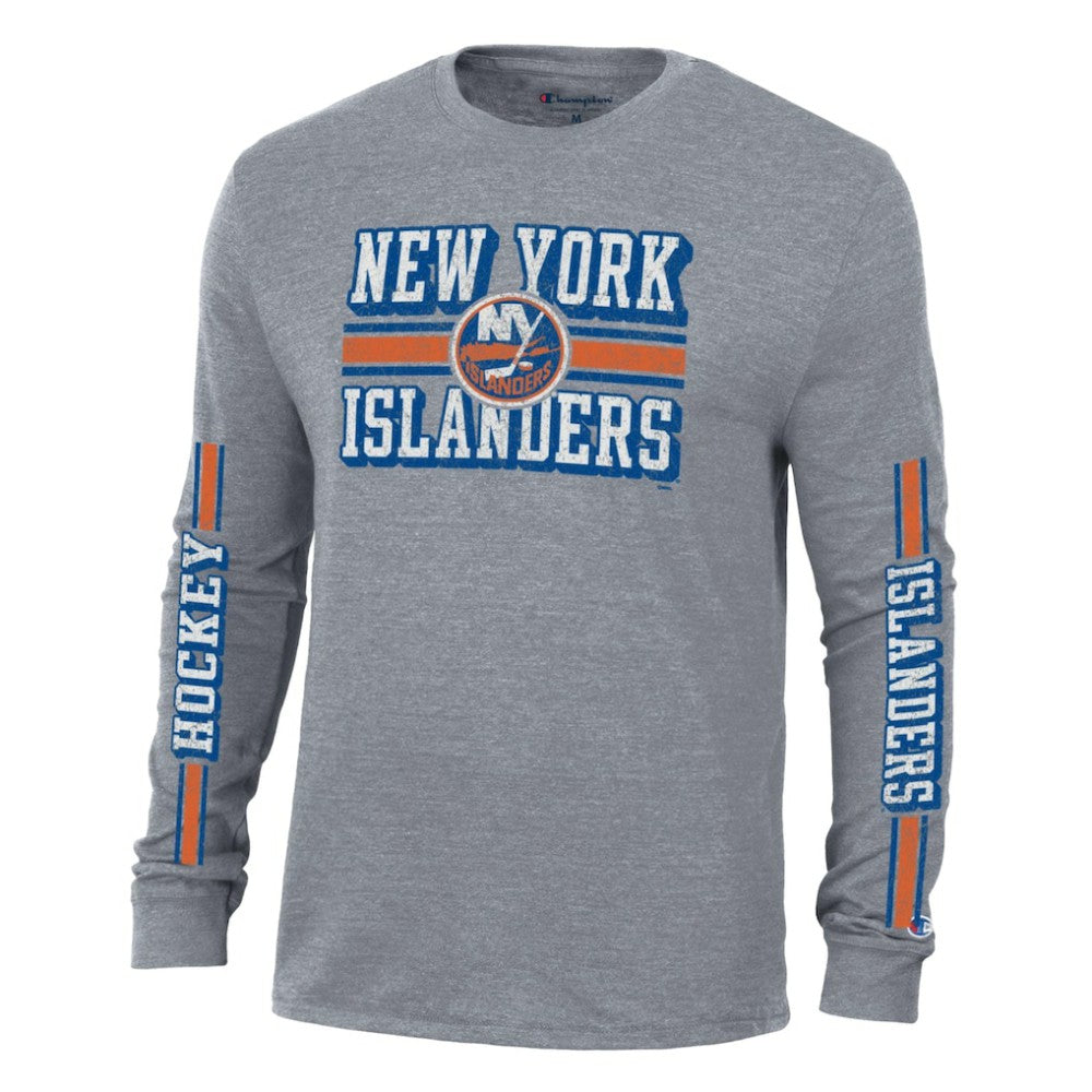 New York Islanders Champion Tri-Blend Dual-Stripe Long Sleeve T-Shirt - Heather Gray - NHL