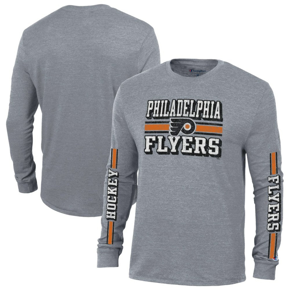 Philadelphia Flyers Champion Tri-Blend Dual-Stripe Long Sleeve T-Shirt - Heather Gray - NHL
