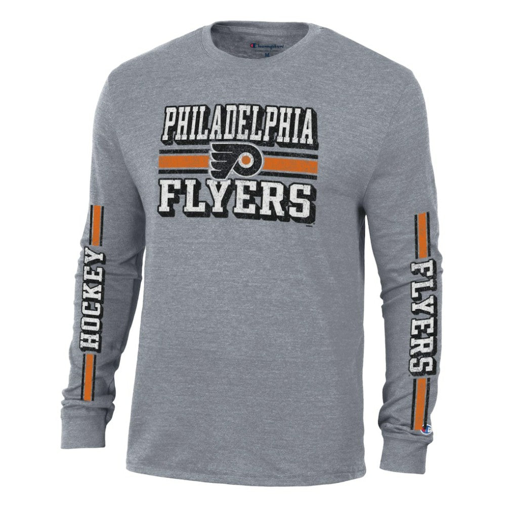 Philadelphia Flyers Champion Tri-Blend Dual-Stripe Long Sleeve T-Shirt - Heather Gray - NHL