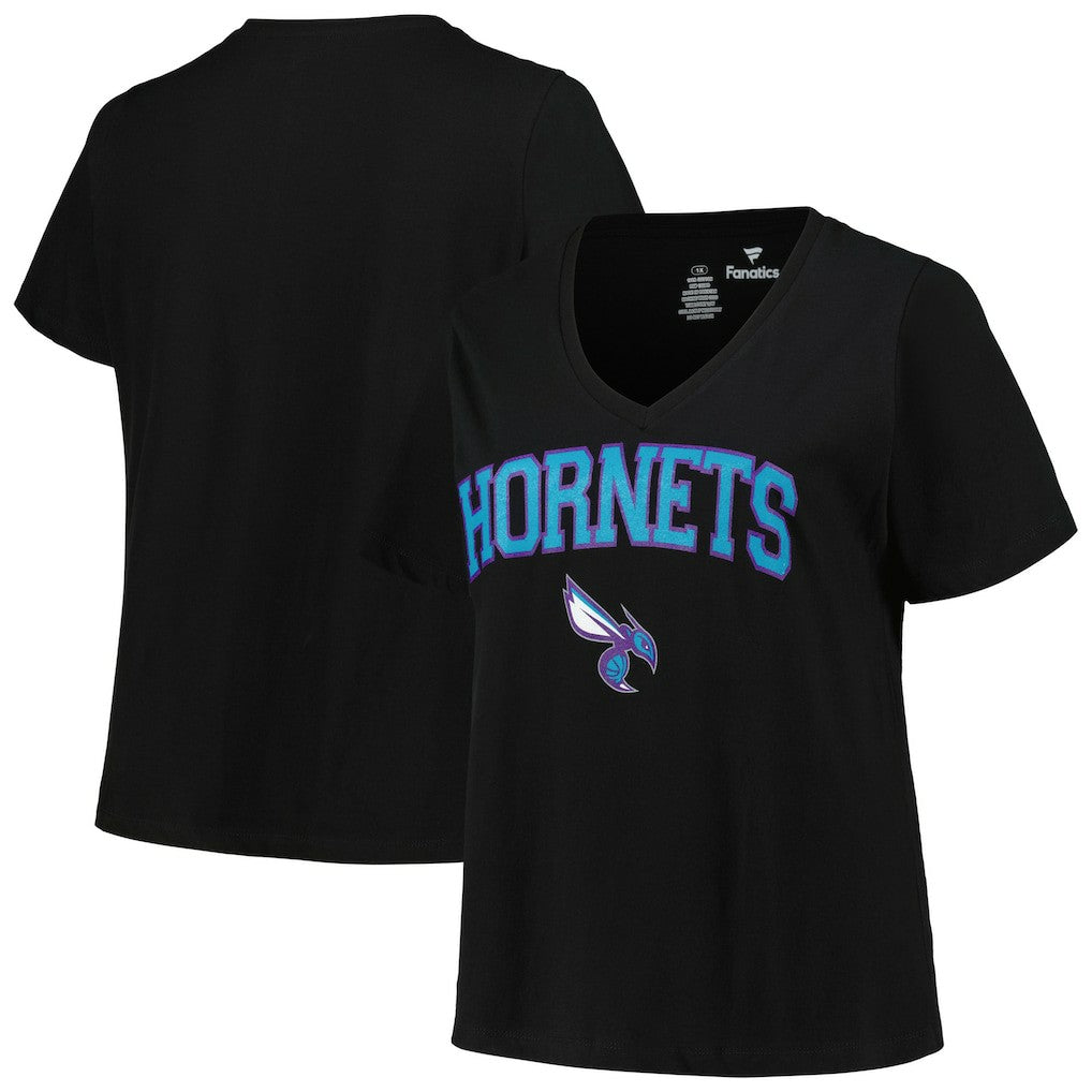 Charlotte Hornets Profile Women's Plus Size Arch Over Logo V-Neck T-Shirt Black - NBA
