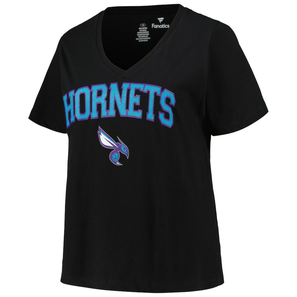 Charlotte Hornets Profile Women's Plus Size Arch Over Logo V-Neck T-Shirt Black - NBA