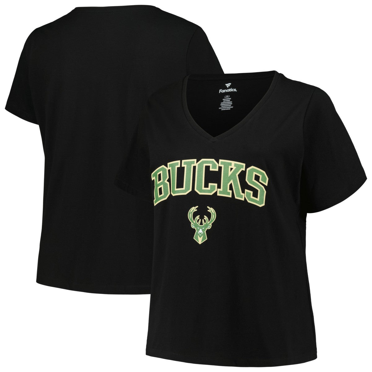 Milwaukee Bucks Profile Women's Plus Size Arch Over Logo V-Neck T-Shirt Black - NBA