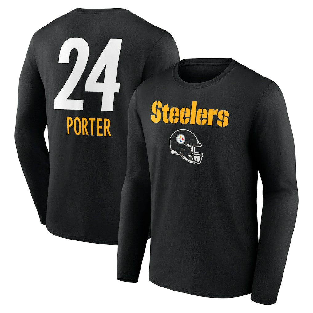 Joey Porter Jr. Pittsburgh Steelers Team Wordmark Player Name & Number Long Sleeve T-Shirt Black | NFL