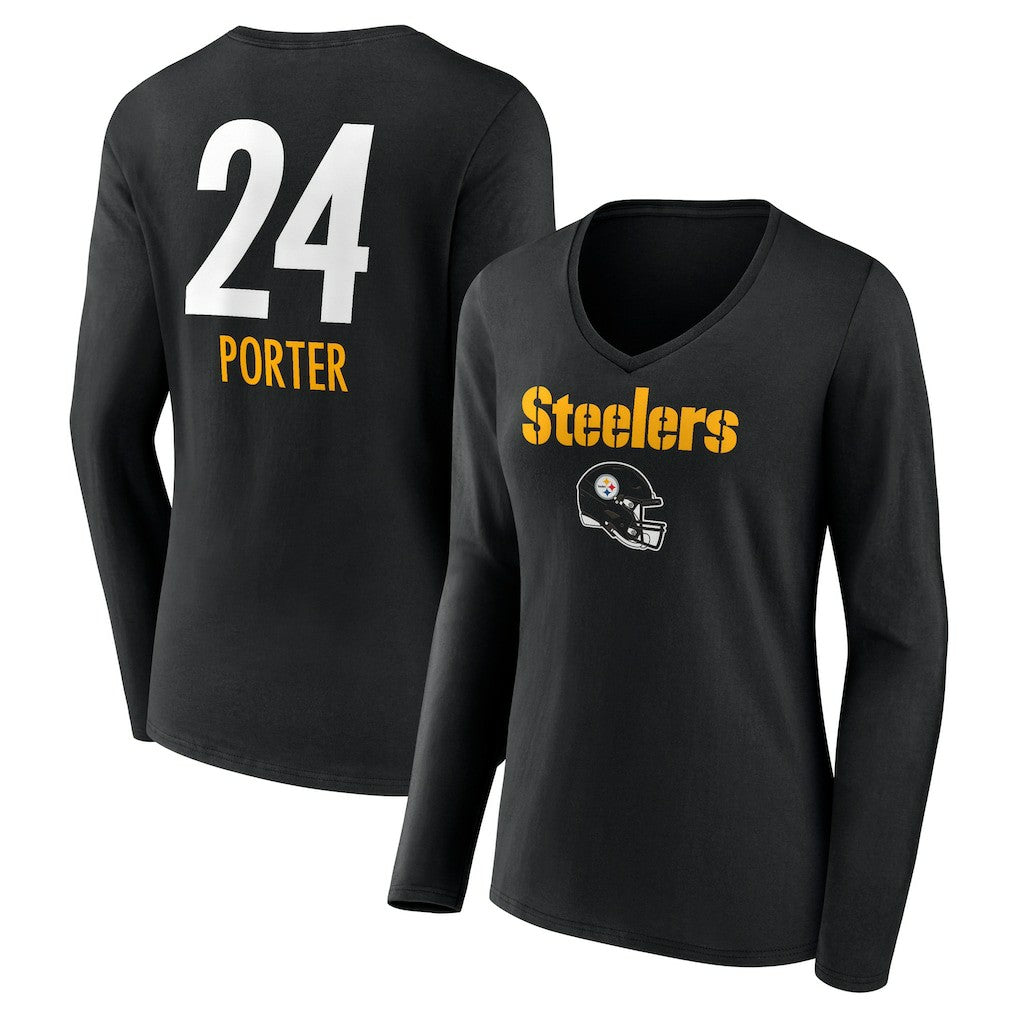 Joey Porter Jr. Pittsburgh Steelers Women's Team Wordmark Player Name & Number Long Sleeve V-Neck T-Shirt Black | NFL