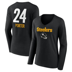 Joey Porter Jr. Pittsburgh Steelers Women's Team Wordmark Player Name & Number Long Sleeve V-Neck T-Shirt Black | NFL