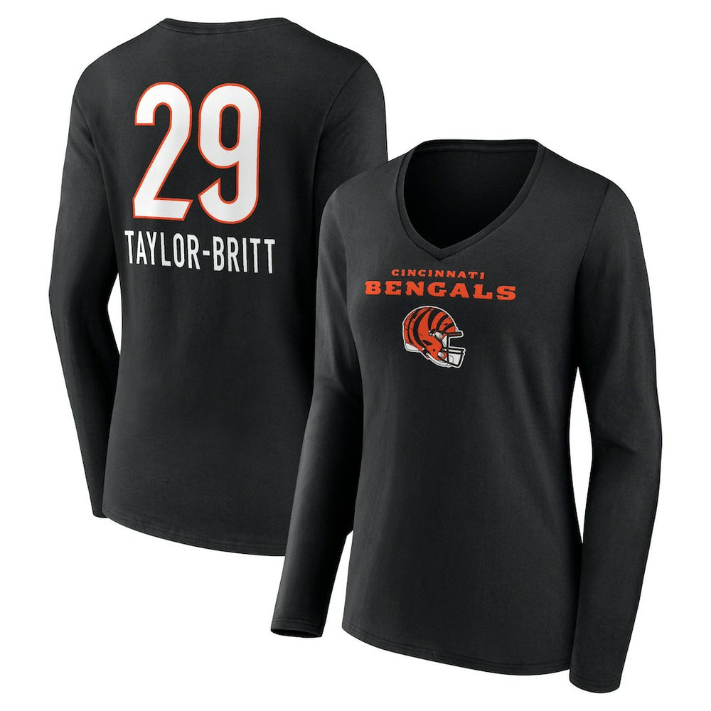 Cam Taylor-Britt Cincinnati Bengals Women's Team Wordmark Player Name & Number Long Sleeve V-Neck T-Shirt Black | NFL
