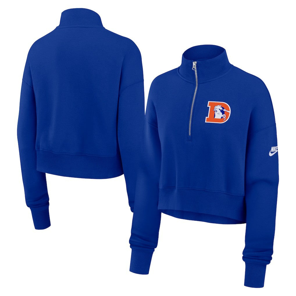 Denver Broncos Women's Rewind Phoenix Half-Zip Sweatshirt Royal | Nike for Sale