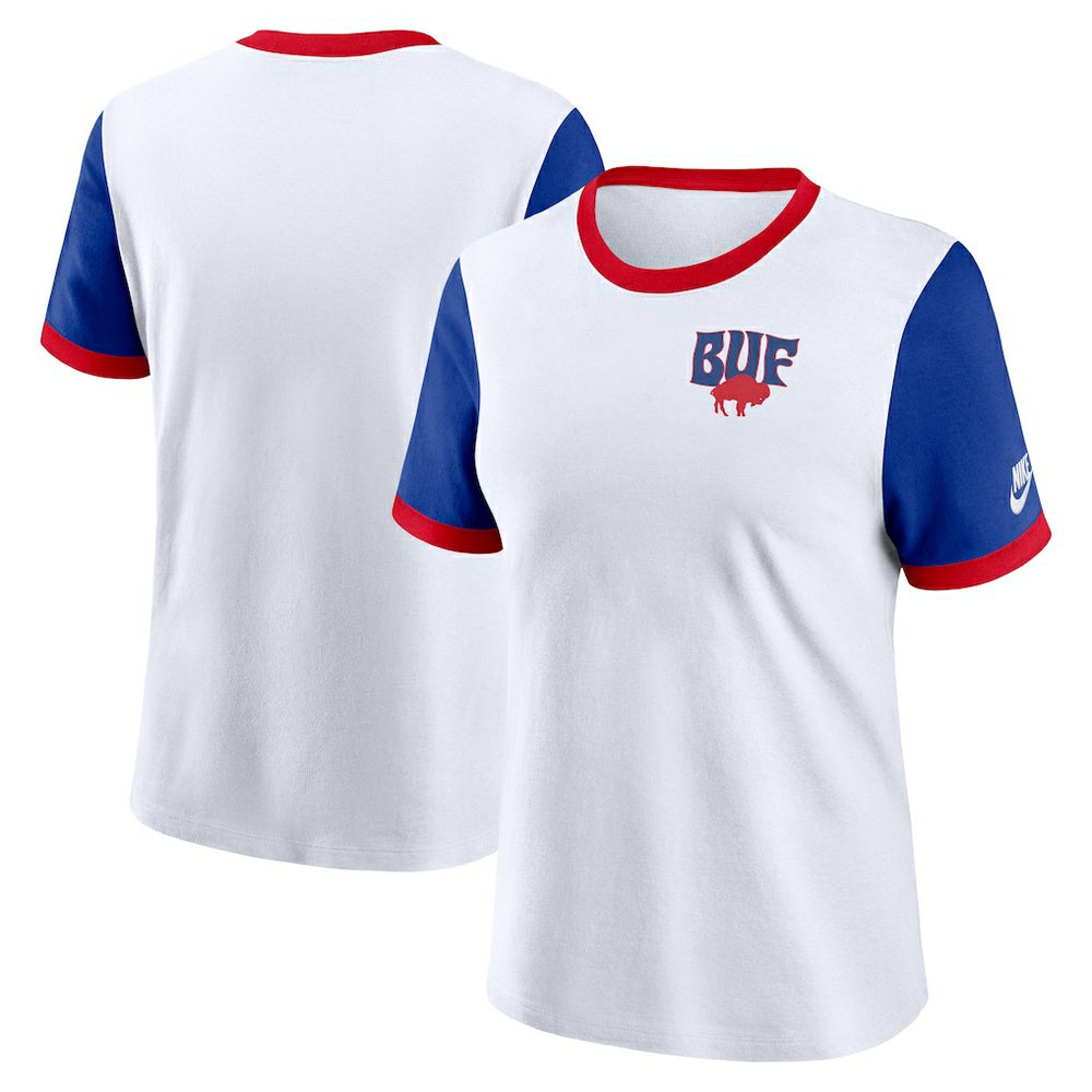 Buffalo Bills Women's Rewind Ringer T-Shirt White/Royal | Nike for Sale