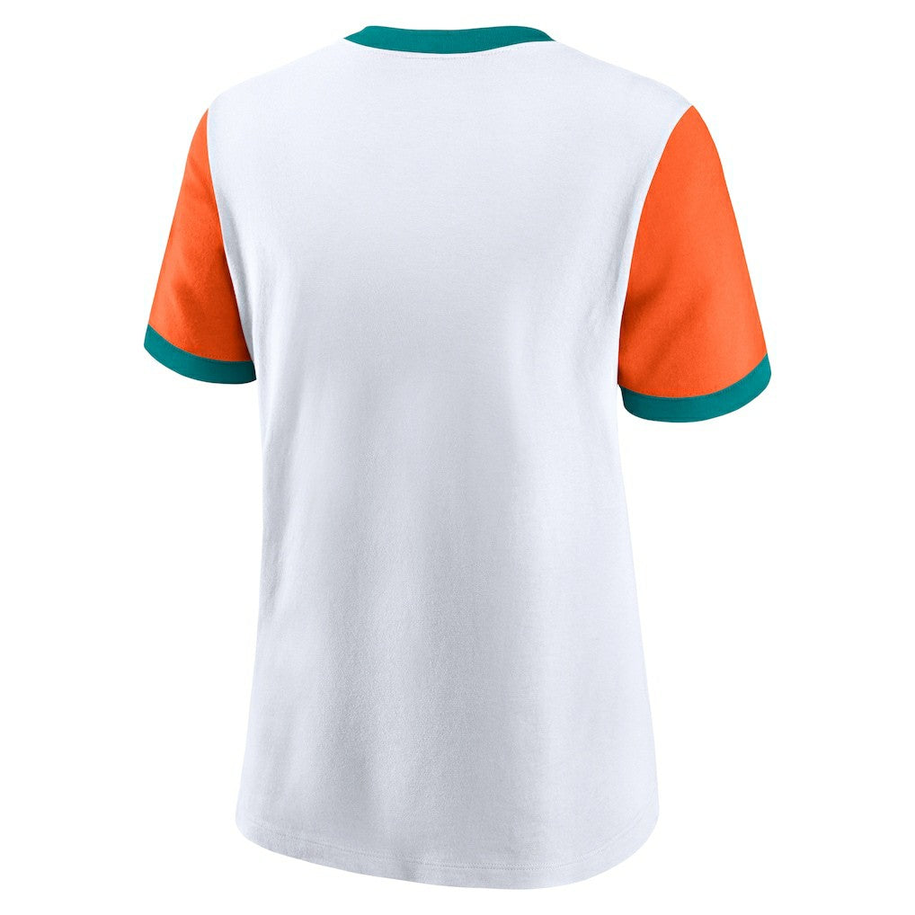 Miami Dolphins Women's Rewind Ringer T-Shirt White/Orange | Nike for Sale