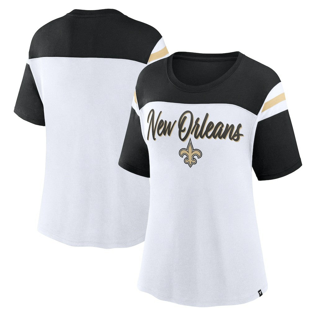 New Orleans Saints Women's Cheer Chant Fashion Crop Top White/Black | Fanatics
