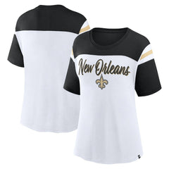 New Orleans Saints Women's Cheer Chant Fashion Crop Top White/Black | Fanatics