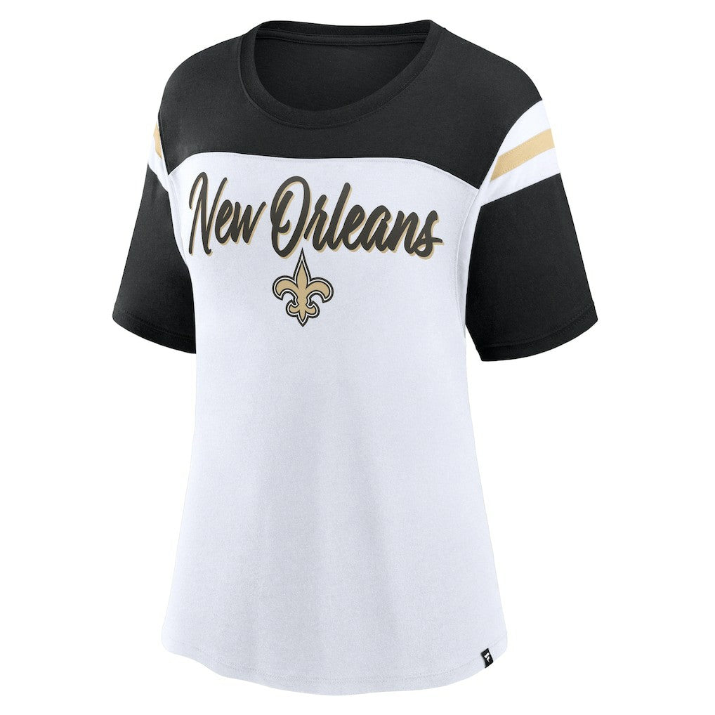 New Orleans Saints Women's Cheer Chant Fashion Crop Top White/Black | Fanatics
