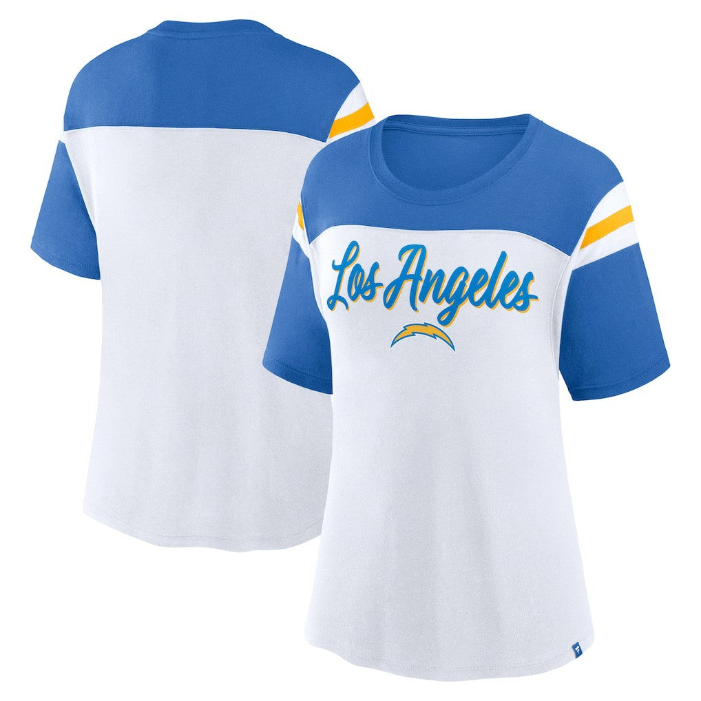 Los Angeles Chargers Women's Cheer Chant Fashion Crop Top White/Powder Blue | Fanatics