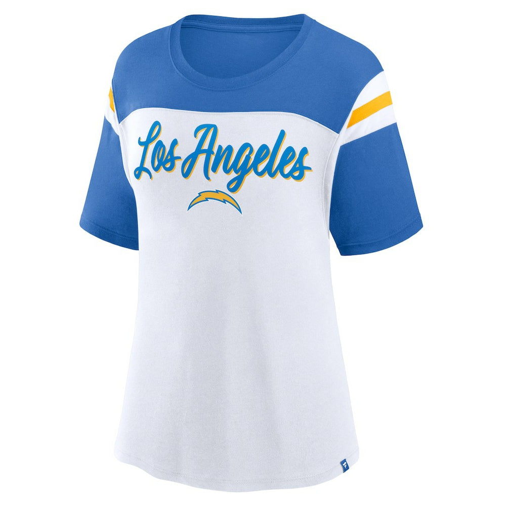 Los Angeles Chargers Women's Cheer Chant Fashion Crop Top White/Powder Blue | Fanatics