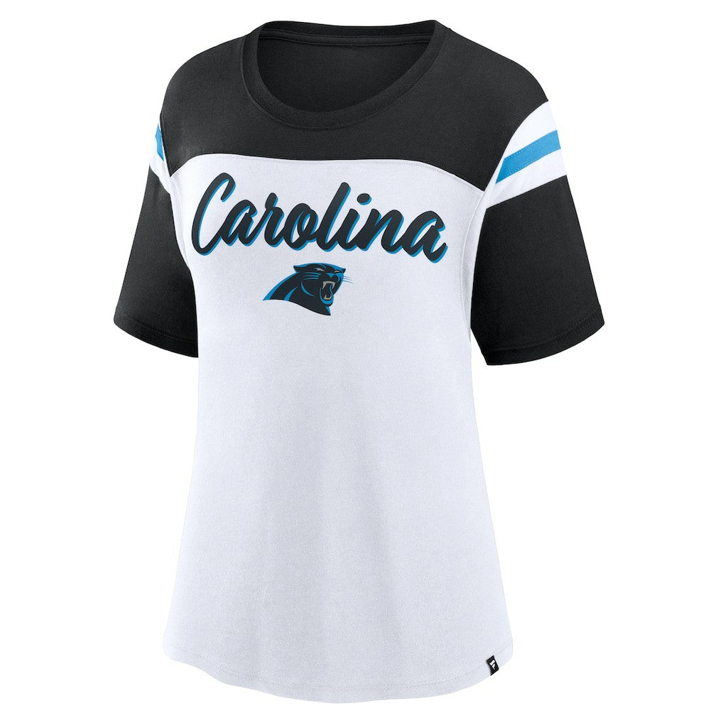 Carolina Panthers Women's Cheer Chant Fashion Crop Top White/Black | Fanatics