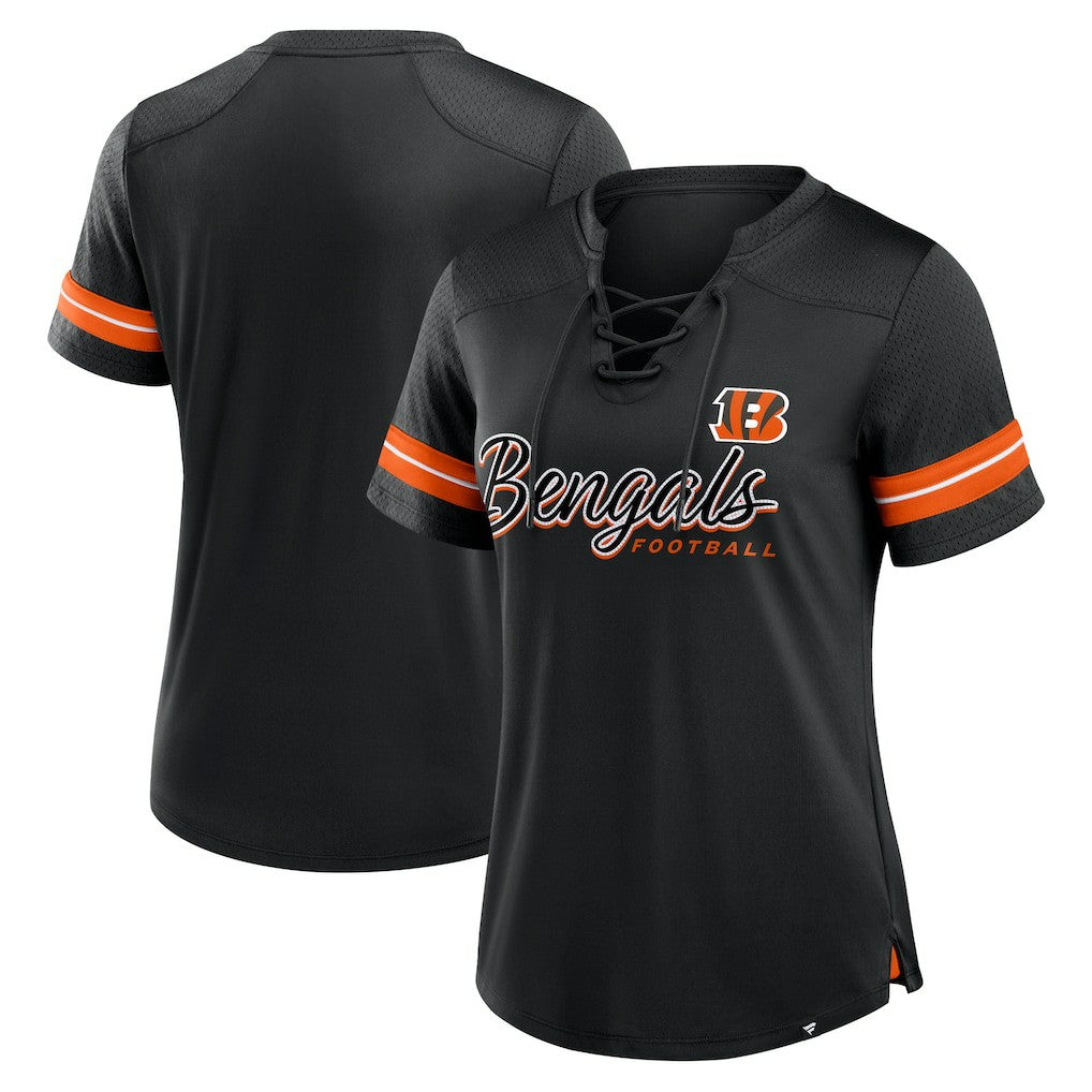 Cincinnati Bengals Women's Play Script Lace-Up T-Shirt Black | Fanatics