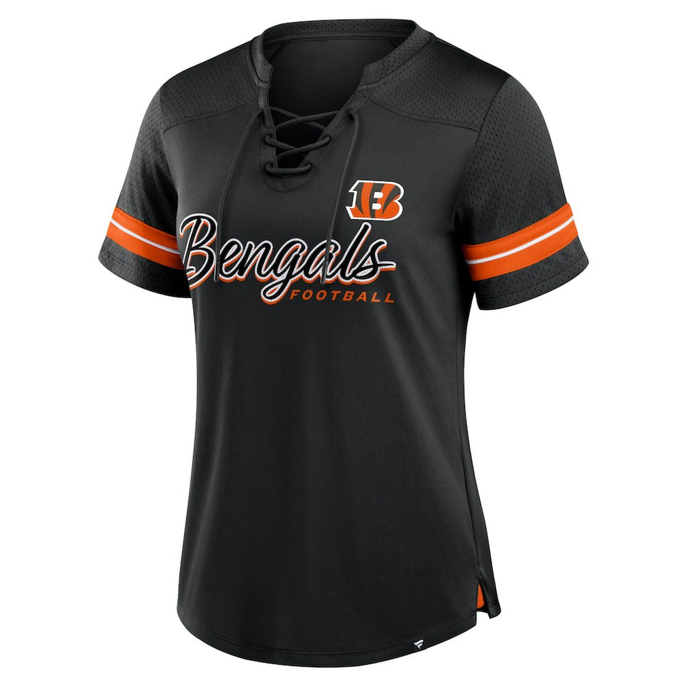 Cincinnati Bengals Women's Play Script Lace-Up T-Shirt Black | Fanatics