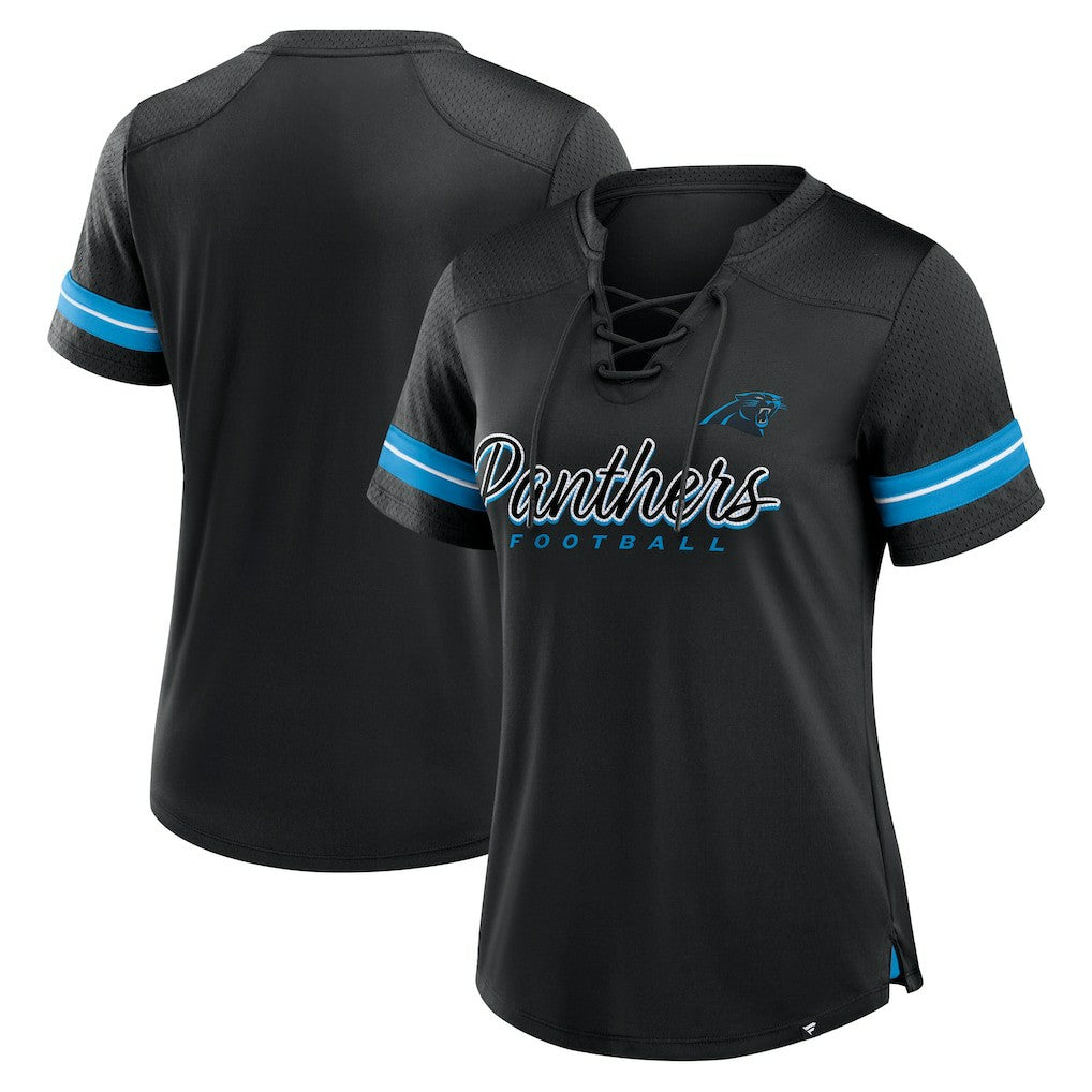 Carolina Panthers Women's Play Script Lace-Up T-Shirt Black | Fanatics
